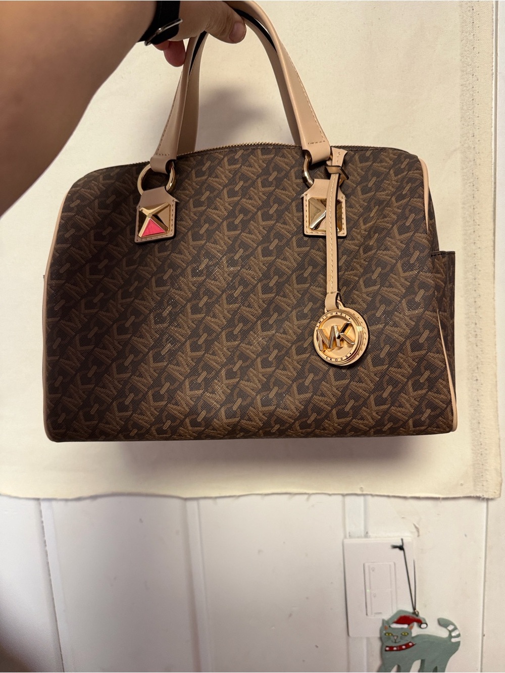 Michael Kors Brown Monogram Satchel with Pale Tan Handles